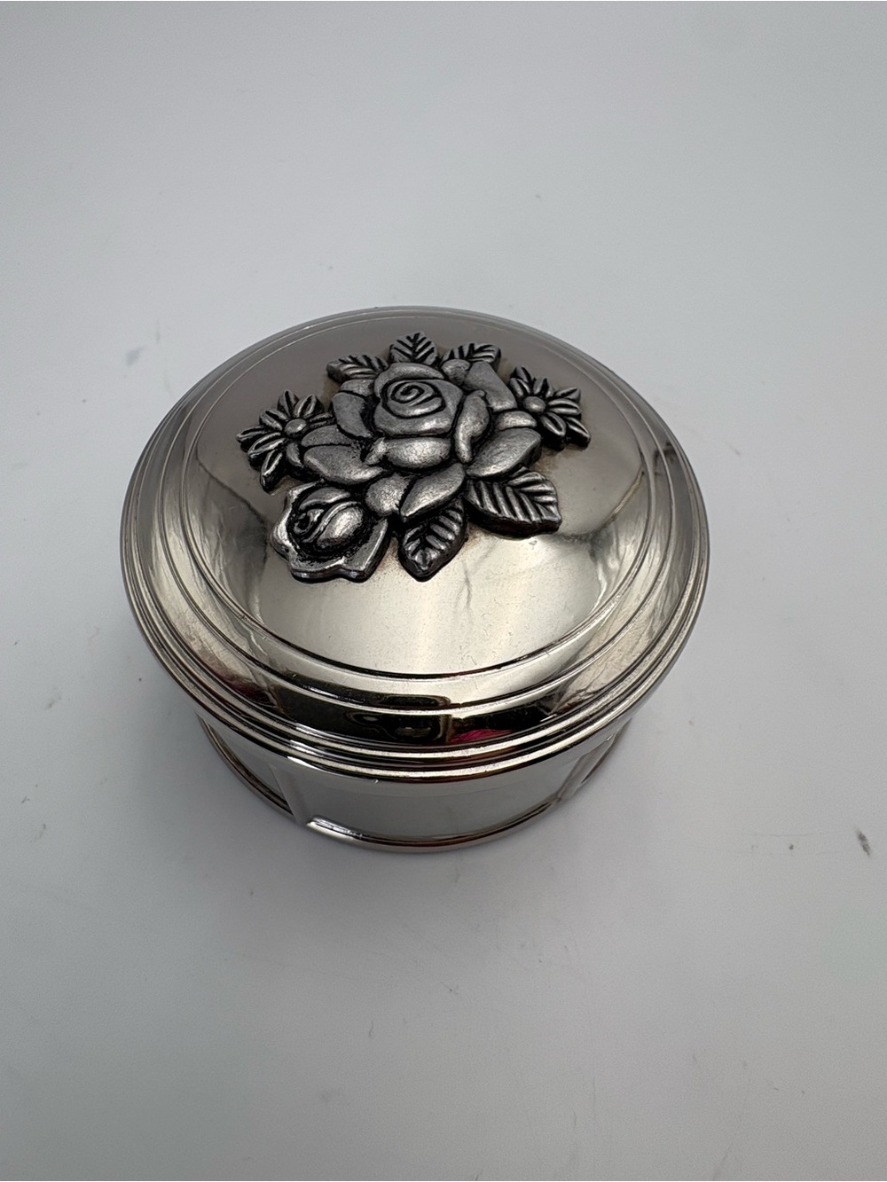 Vintage Silver-Plated Floral Round Box - Silver Rose Accent - Picture 2 of 11